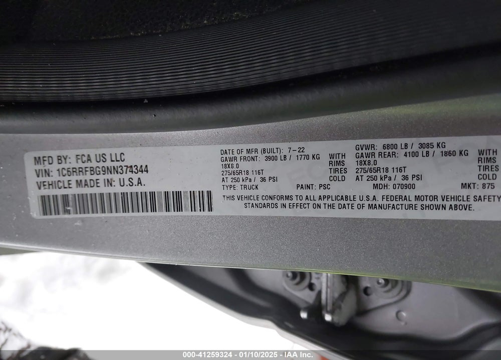 2022 RAM 1500 VIN: 1C6RRFBG9NN374344