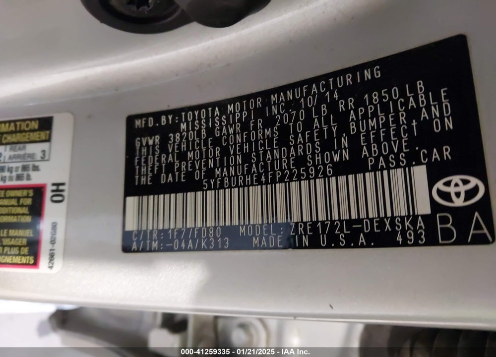 2015 TOYOTA COROLLA S PLUS VIN: 5YFBURHE4FP225926