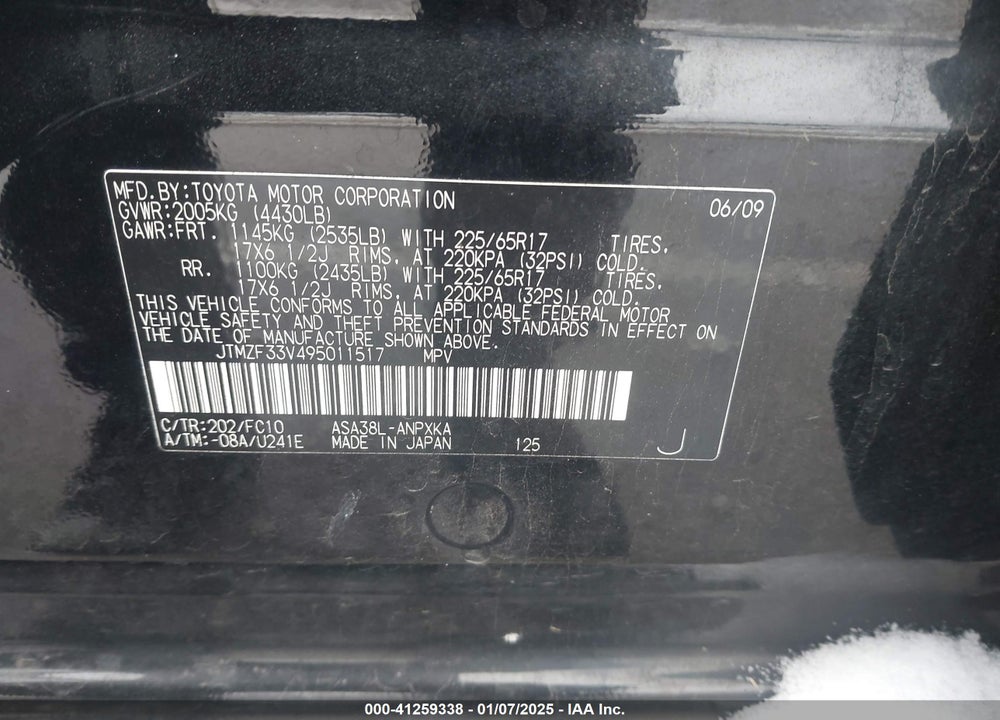 2009 TOYOTA RAV4 VIN: JTMZF33V495011517