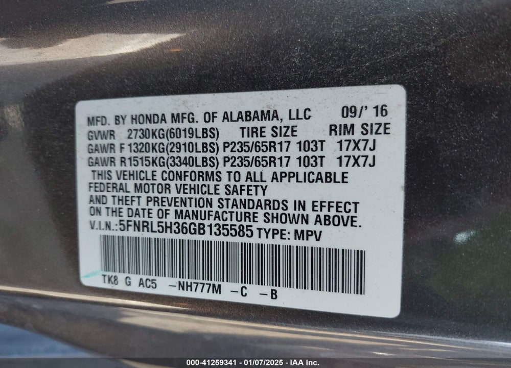 2016 HONDA ODYSSEY SE VIN: 5FNRL5H36GB135585
