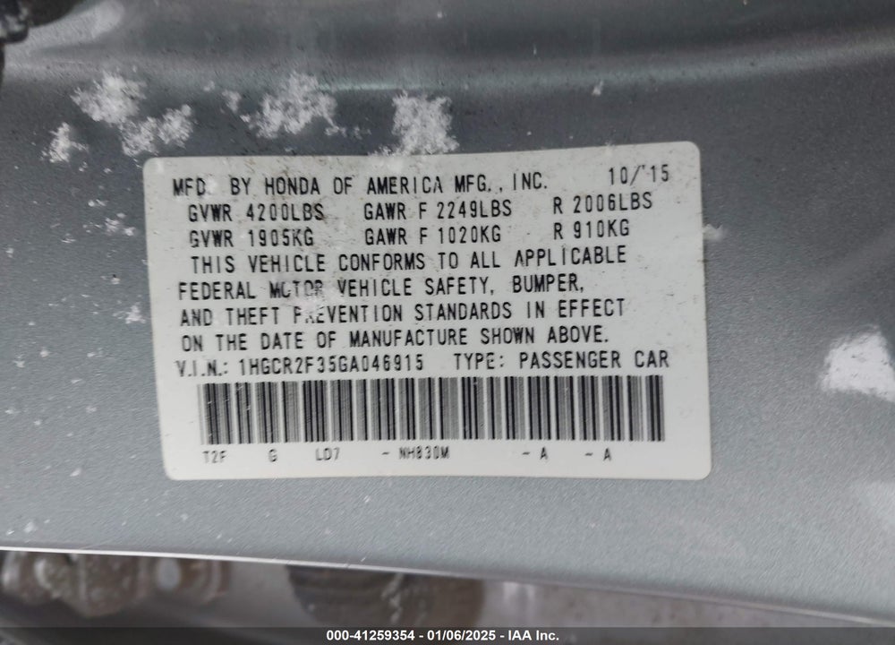 2016 HONDA ACCORD LX VIN: 1HGCR2F35GA046915