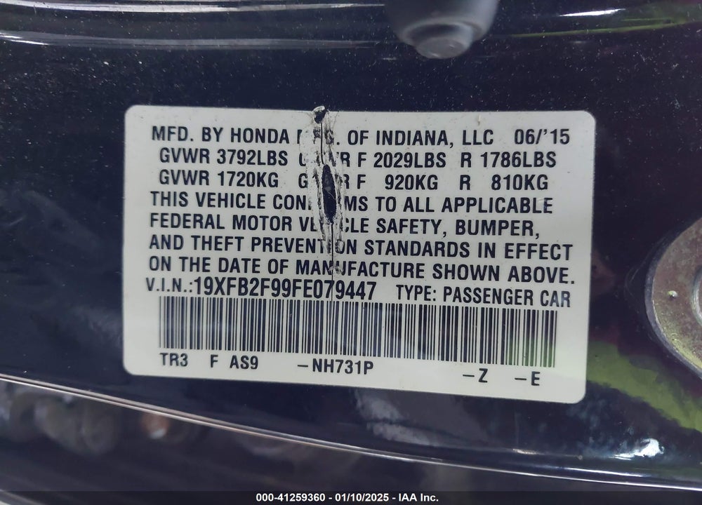 2015 HONDA CIVIC VIN: 19XFB2F99FE079447