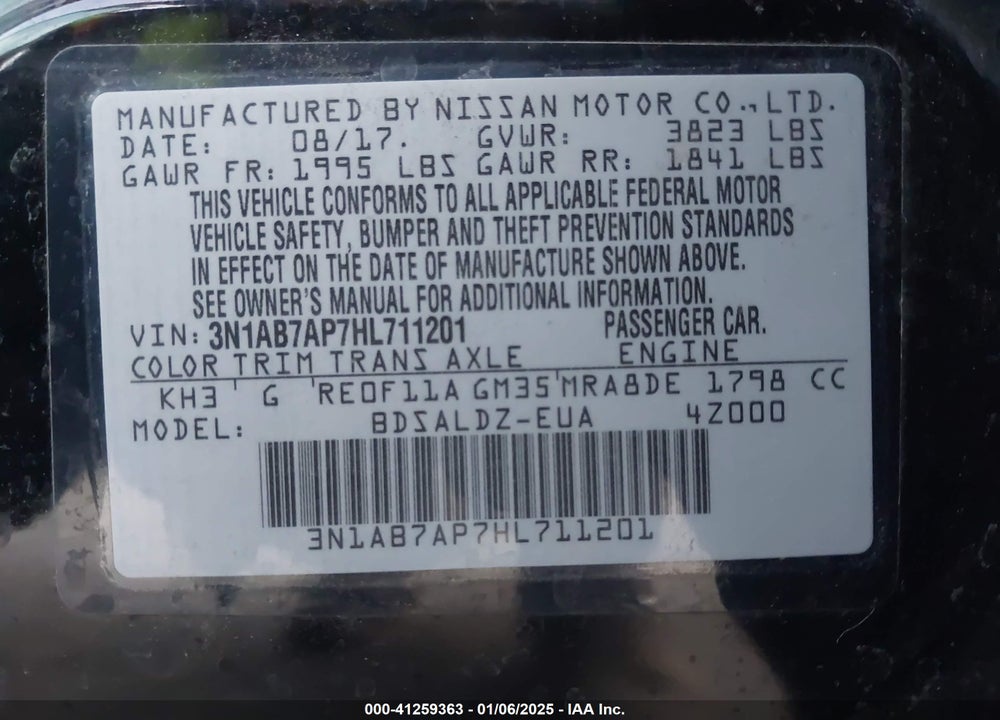 2017 NISSAN SENTRA SV VIN: 3N1AB7AP7HL711201