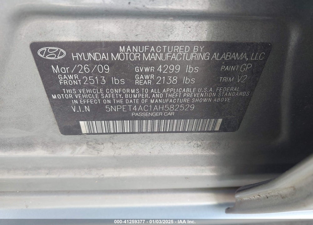2010 HYUNDAI SONATA GLS VIN: 5NPET4AC1AH582529