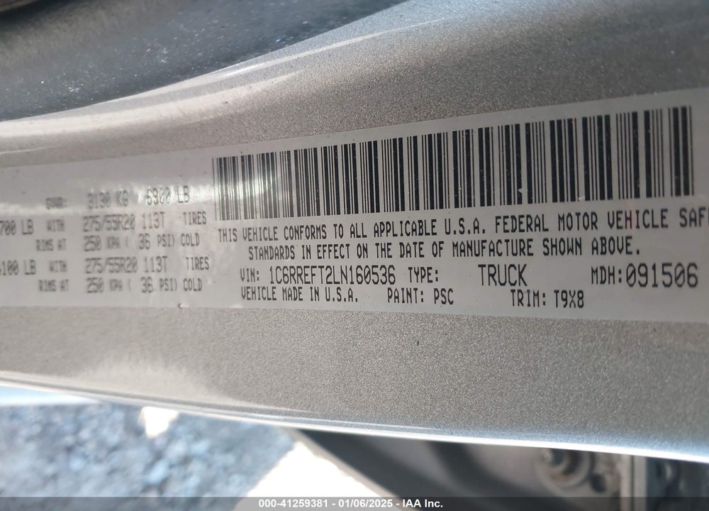 2020 RAM 1500 LONE STAR 4X2 5'7 BOX VIN: 1C6RREFT2LN160536
