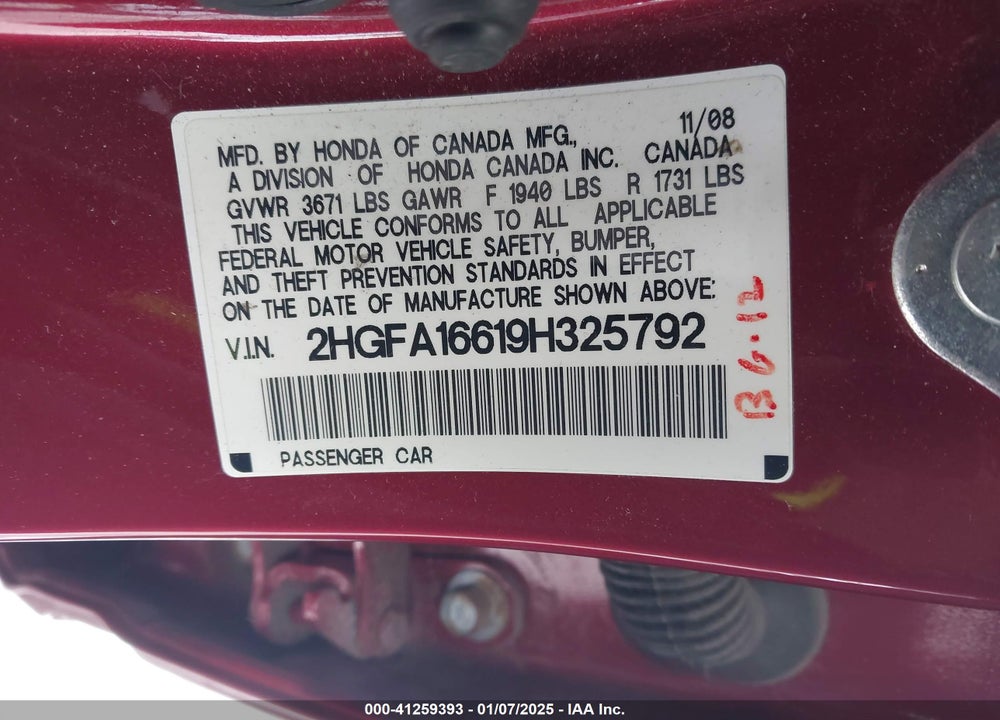 2009 HONDA CIVIC LX-S VIN: 2HGFA16619H325792