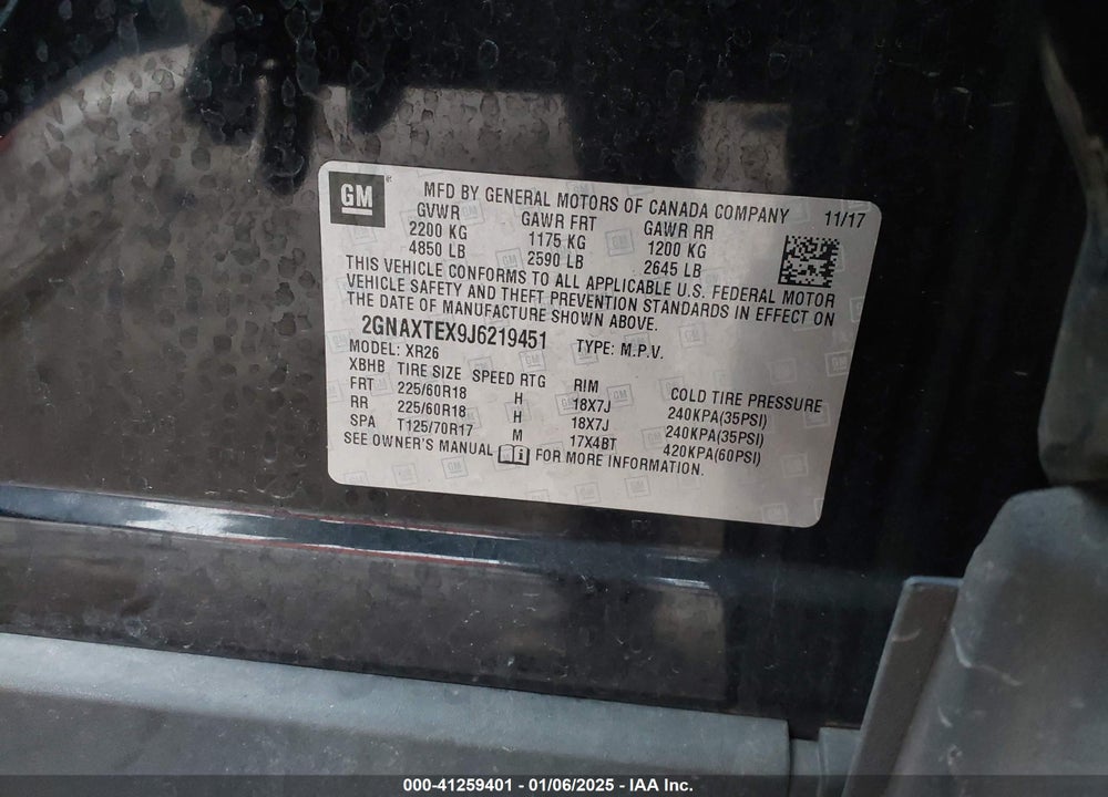 2018 CHEVROLET EQUINOX LT VIN: 2GNAXTEX9J6219451