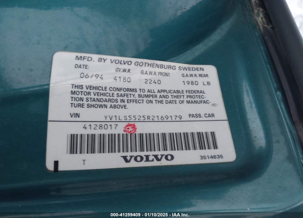 1994 VOLVO 850 VIN: YV1LS5525R2169179