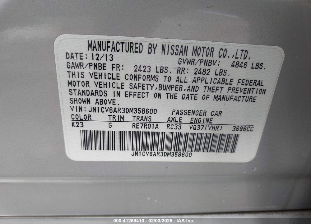 2013 INFINITI G37X VIN: JN1CV6AR3DM358600
