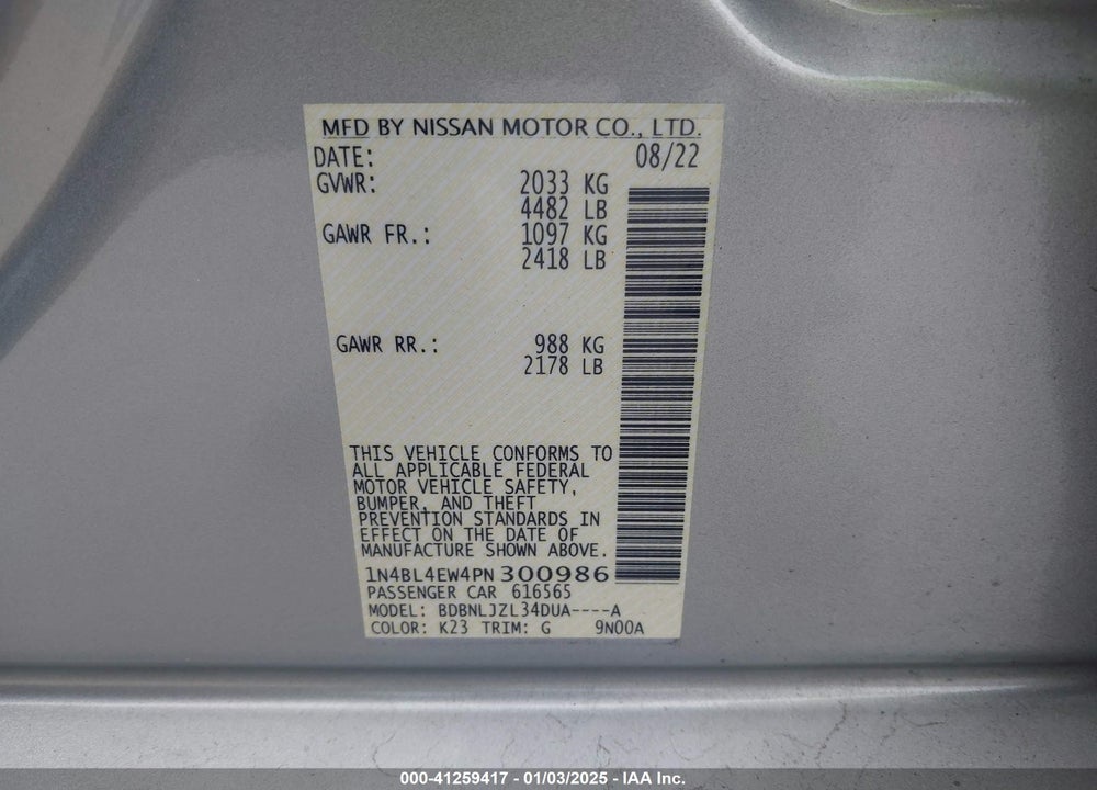 2023 NISSAN ALTIMA SL INTELLIGENT AWD VIN: 1N4BL4EW4PN300986
