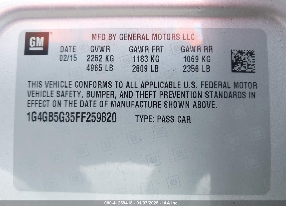 2015 BUICK LACROSSE LEATHER VIN: 1G4GB5G35FF259820