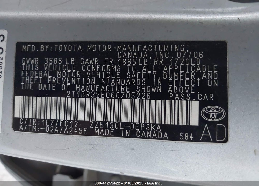 2006 TOYOTA COROLLA VIN: 2T1BR32E06C705226