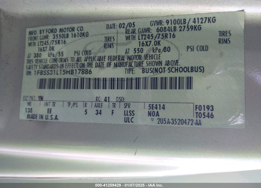 2005 FORD E-350 SUPER DUTY XL/XLT VIN: 1FBSS31L15HB17886