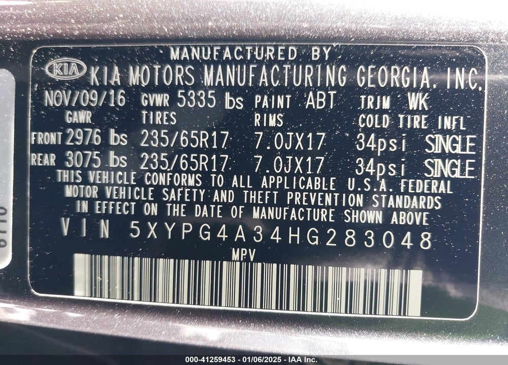 2017 KIA SORENTO 2.4L LX VIN: 5XYPG4A34HG283048