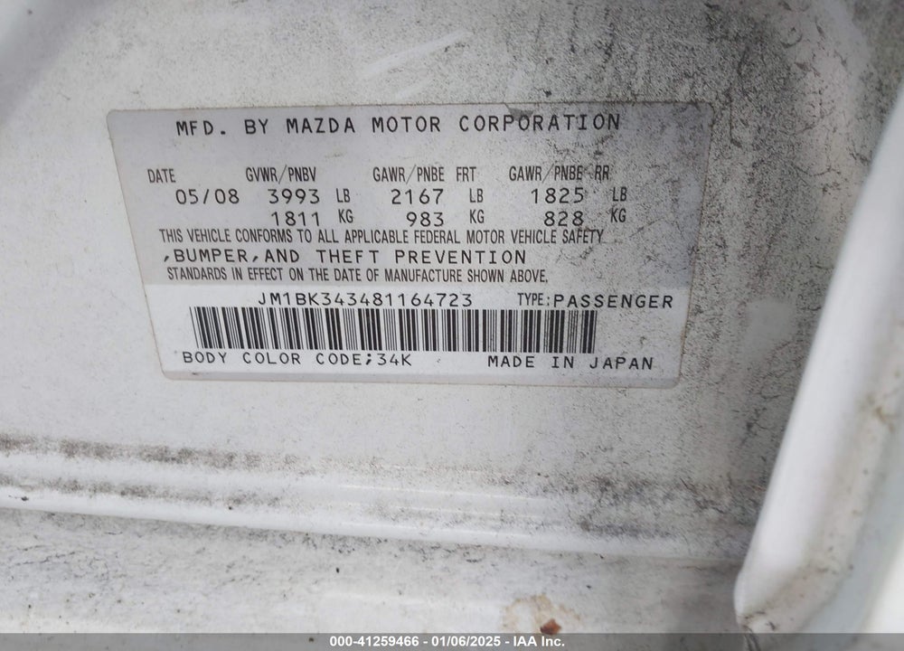 2008 MAZDA MAZDA3 VIN: JM1BK343481164723