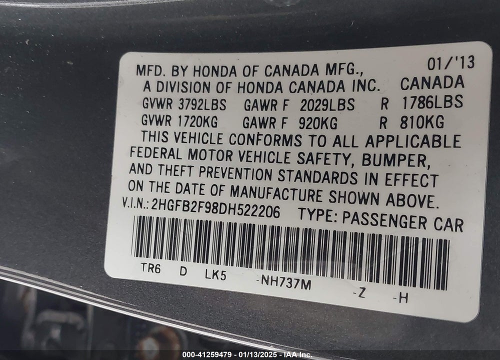 2013 HONDA CIVIC EX-L VIN: 2HGFB2F98DH522206