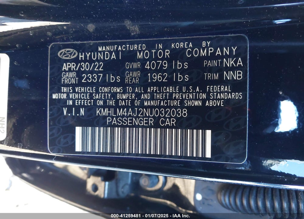 2022 HYUNDAI ELANTRA HYBRID VIN: KMHLM4AJ2NU032038