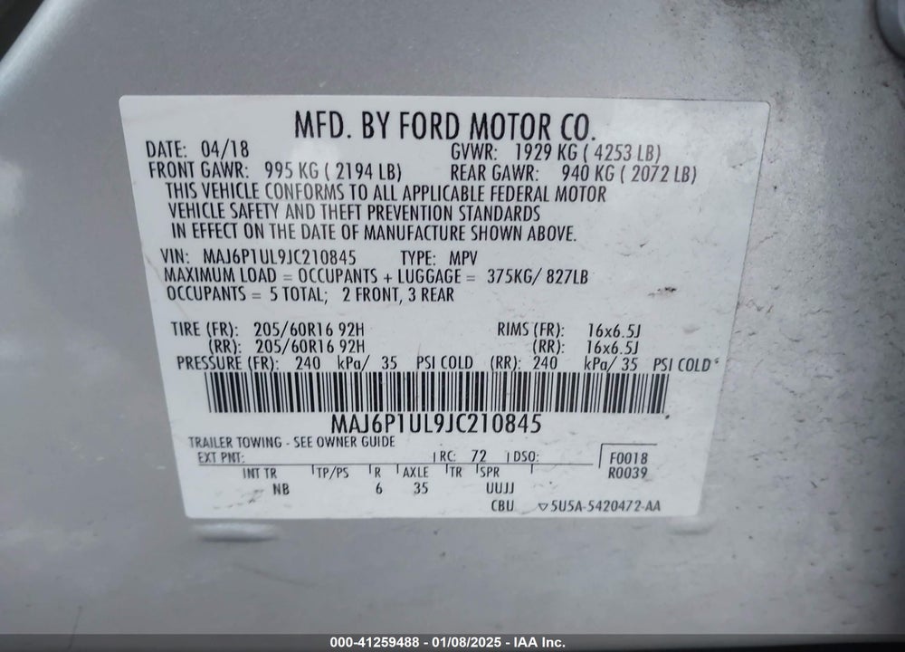 2018 FORD ECOSPORT SE VIN: MAJ6P1UL9JC210845