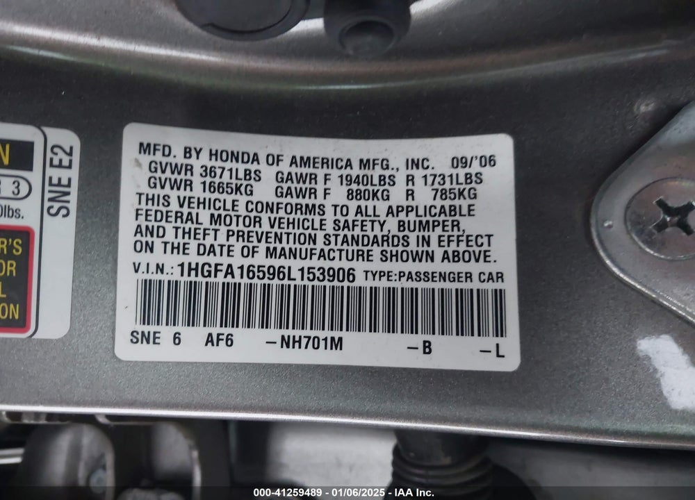 2006 HONDA CIVIC LX VIN: 1HGFA16596L153906