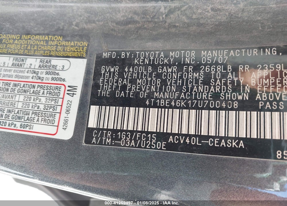 2007 TOYOTA CAMRY SE VIN: 4T1BE46K17U700408