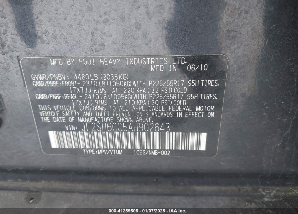 2010 SUBARU FORESTER 2.5X PREMIUM VIN: JF2SH6CC5AH902643