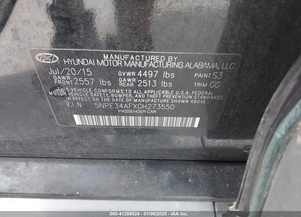 2016 HYUNDAI SONATA VIN: 5NPE34AFXGH273550