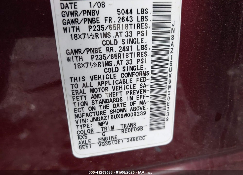 2009 NISSAN MURANO SL VIN: JN8AZ18UX9W008239