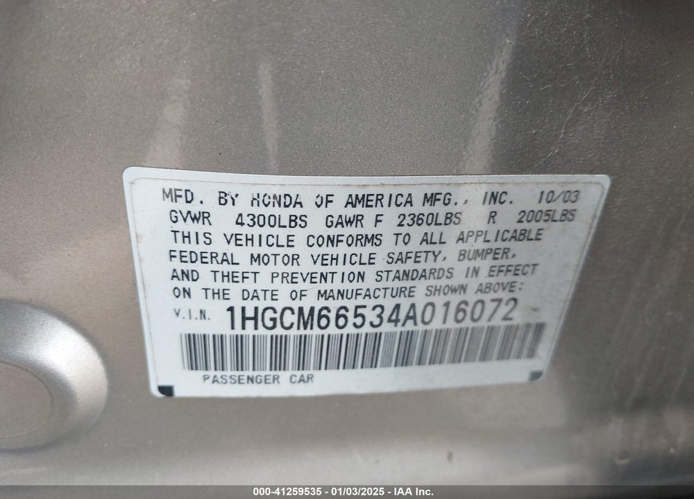 2004 HONDA ACCORD 3.0 EX VIN: 1HGCM66534A016072