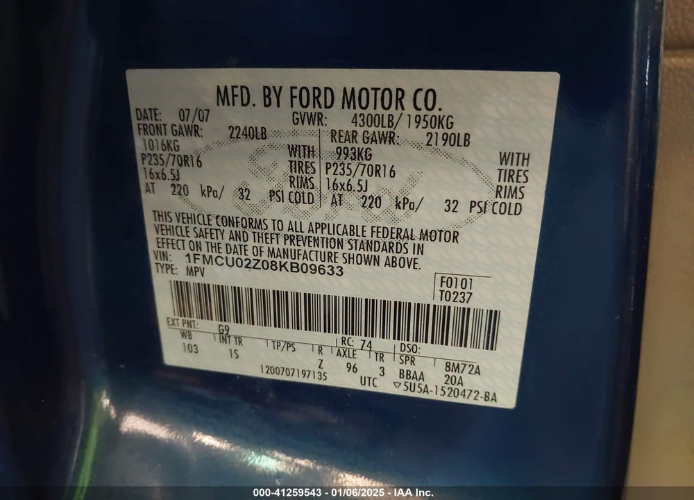 2008 FORD ESCAPE XLS/XLS MANUAL VIN: 1FMCU02Z08KB09633