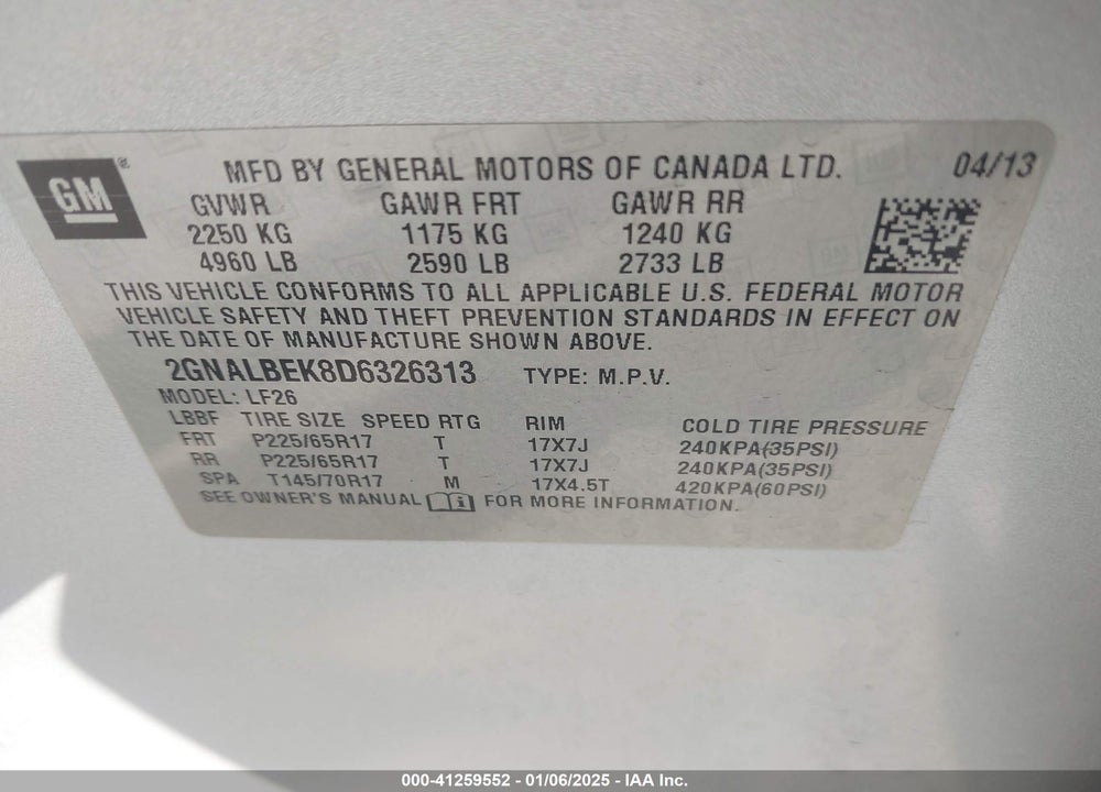 2013 CHEVROLET EQUINOX LS VIN: 2GNALBEK8D6326313