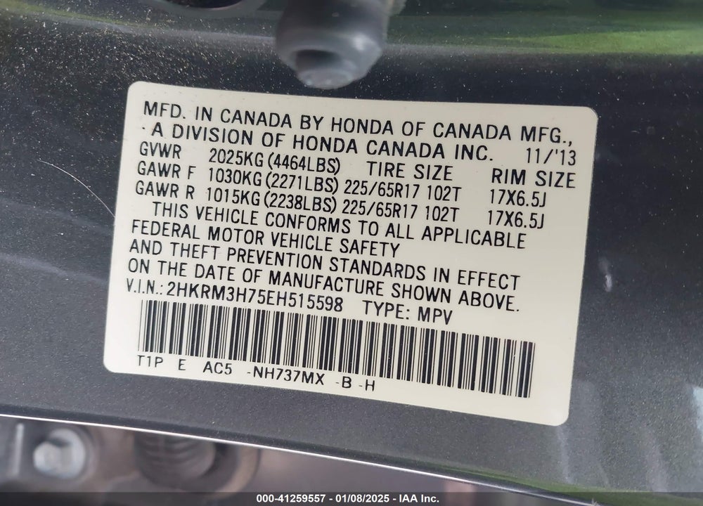 2014 HONDA CR-V EX-L VIN: 2HKRM3H75EH515598
