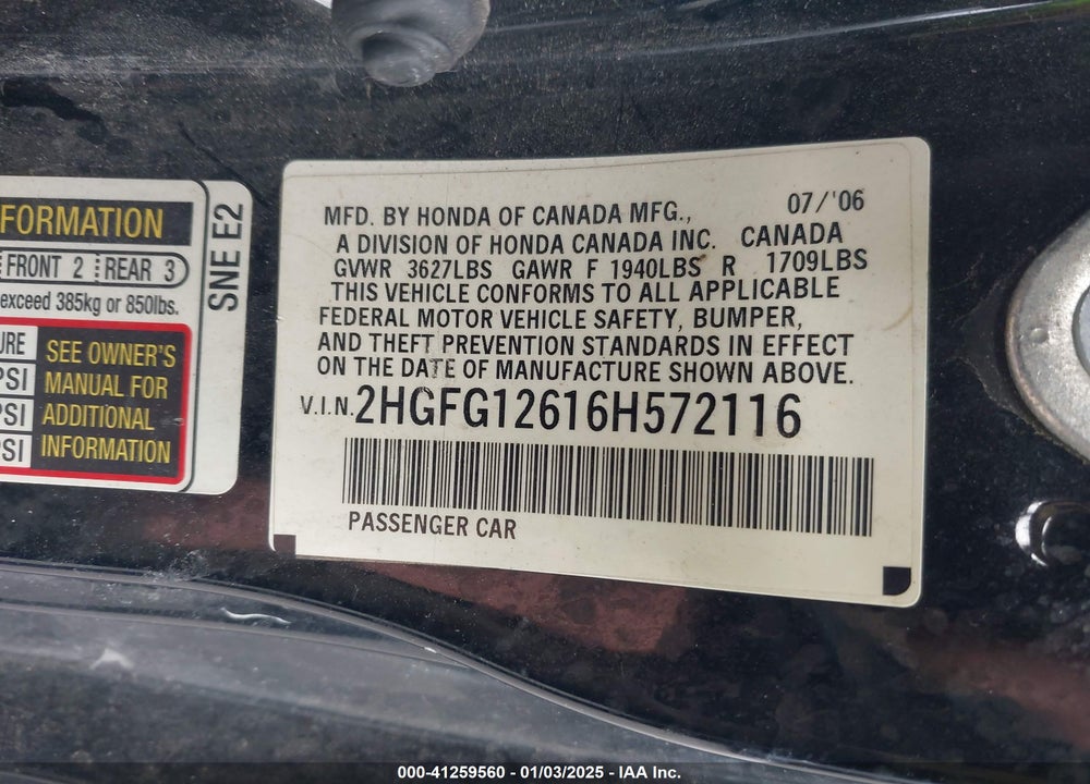 2006 HONDA CIVIC VIN: 2HGFG12616H572116