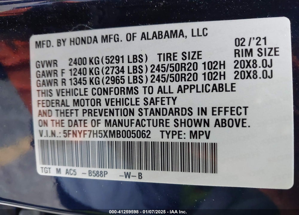 2021 HONDA PASSPORT 2WD EX-L VIN: 5FNYF7H5XMB005062