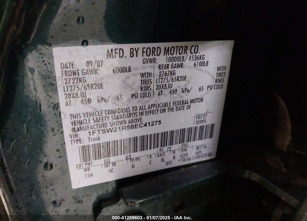 2008 HARLEY-DAVIDSON FORD F-250 FX4//KING RANCH/LARIAT/XL/XLT VIN: 1FTSW21R58EC41275