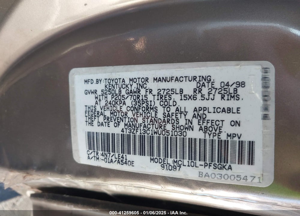 1998 TOYOTA SIENNA XLE VIN: 4T3ZF13C1WU051030