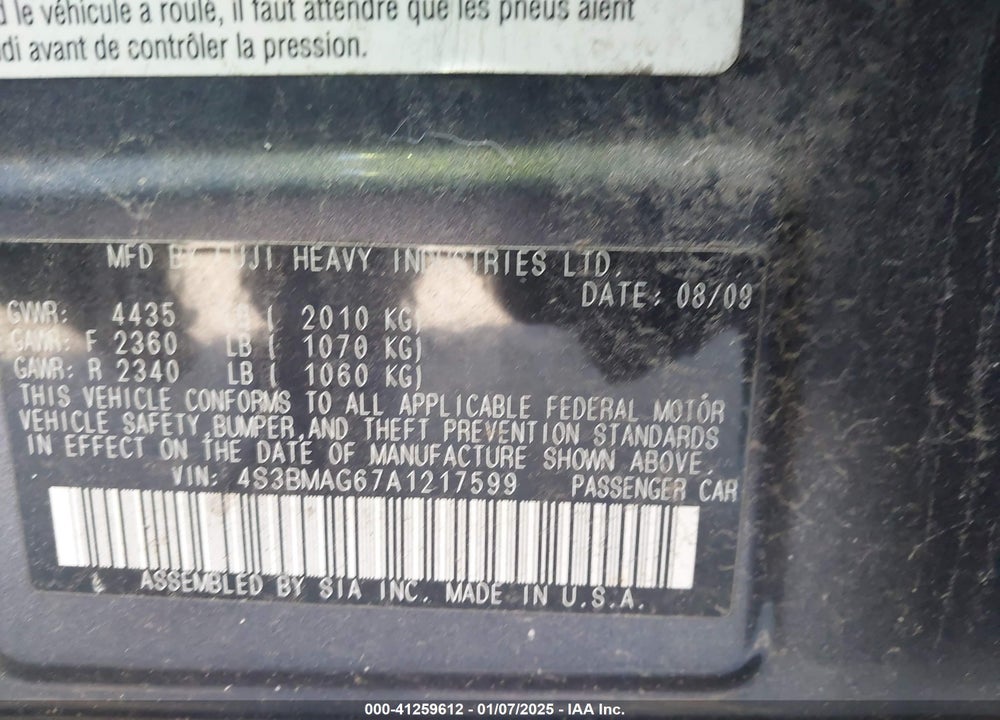 2010 SUBARU LEGACY 2.5I PREMIUM VIN: 4S3BMAG67A1217599