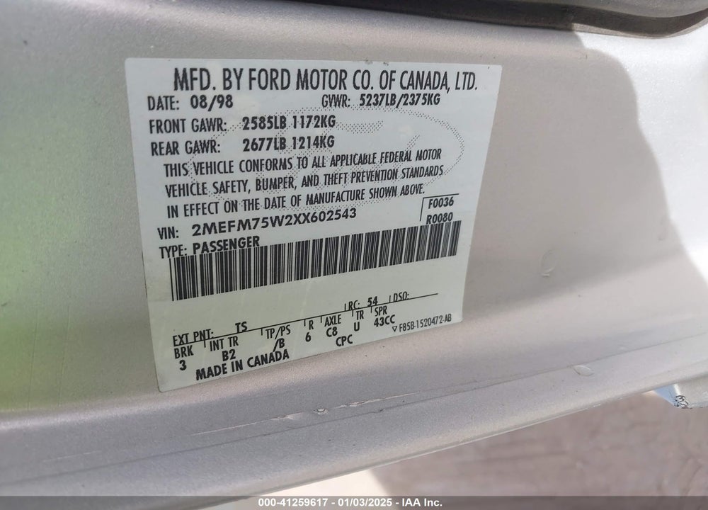 1999 MERCURY GRAND MARQUIS LS VIN: 2MEFM75W2XX602543