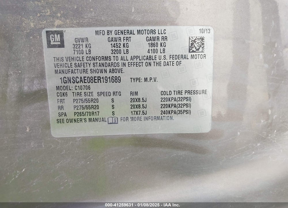 2014 CHEVROLET TAHOE LS VIN: 1GNSCAE08ER191689