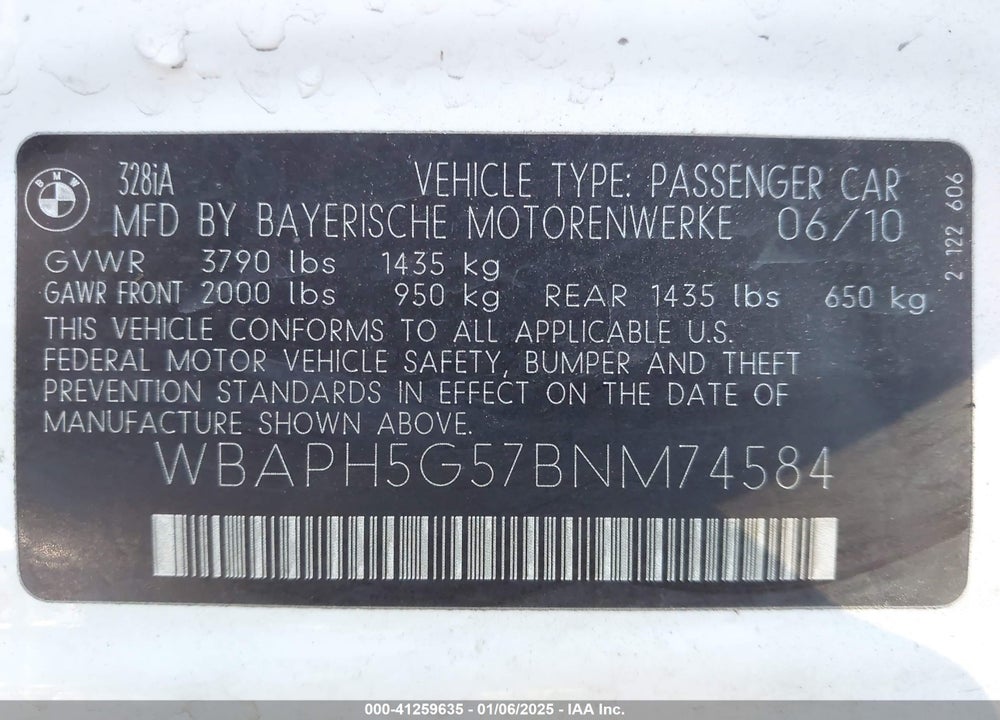 2011 BMW 328I VIN: WBAPH5G57BNM74584