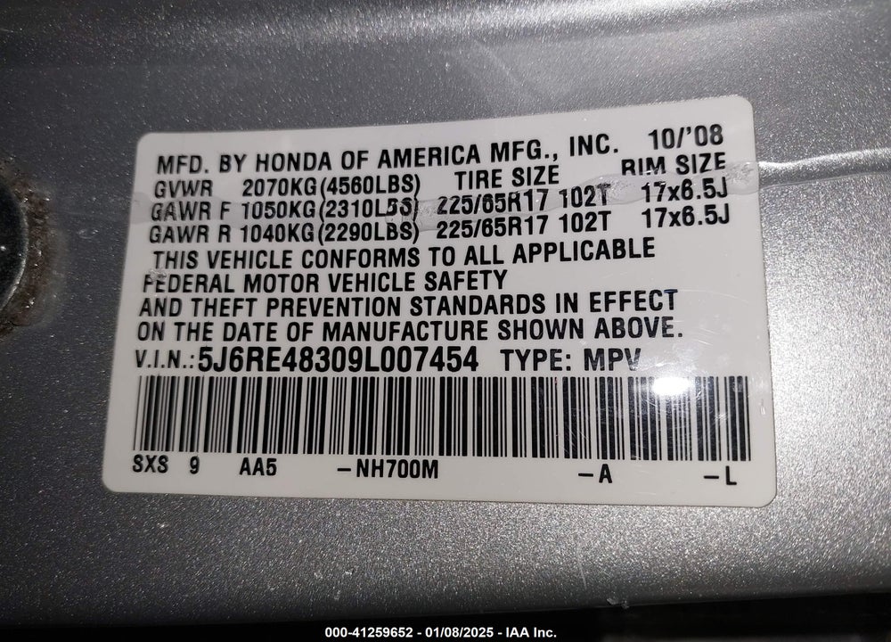 2009 HONDA CR-V LX VIN: 5J6RE48309L007454
