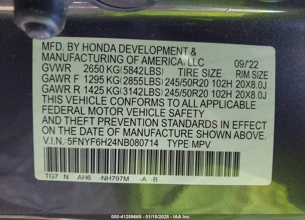 2022 HONDA PILOT AWD SPECIAL EDITION VIN: 5FNYF6H24NB080714