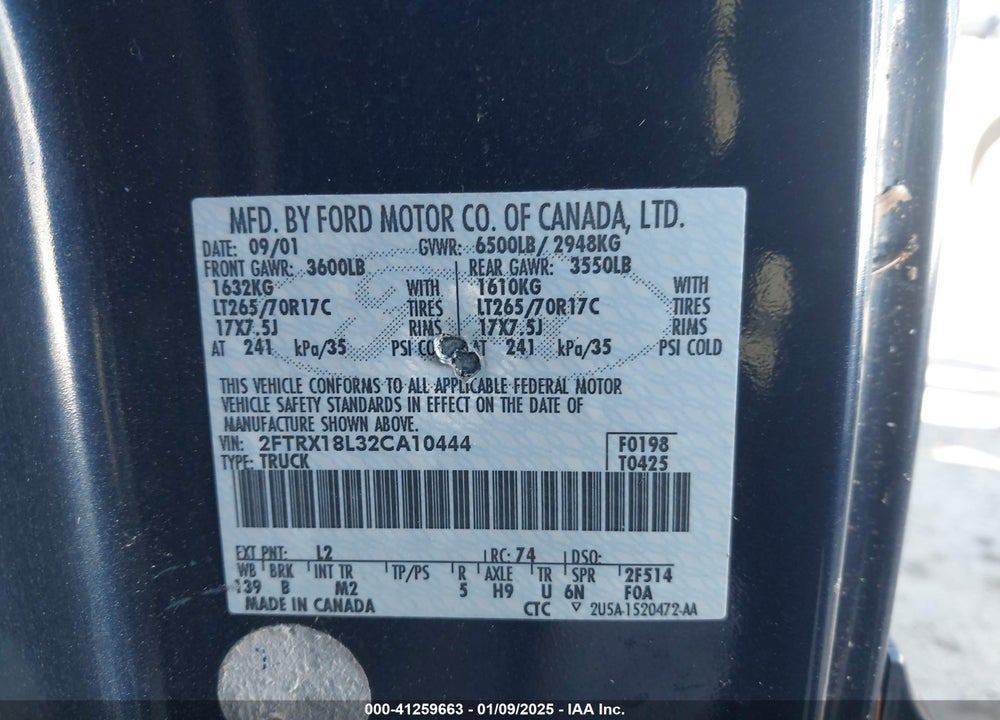 2002 FORD F-150 LARIAT/XL/XLT VIN: 2FTRX18L32CA10444