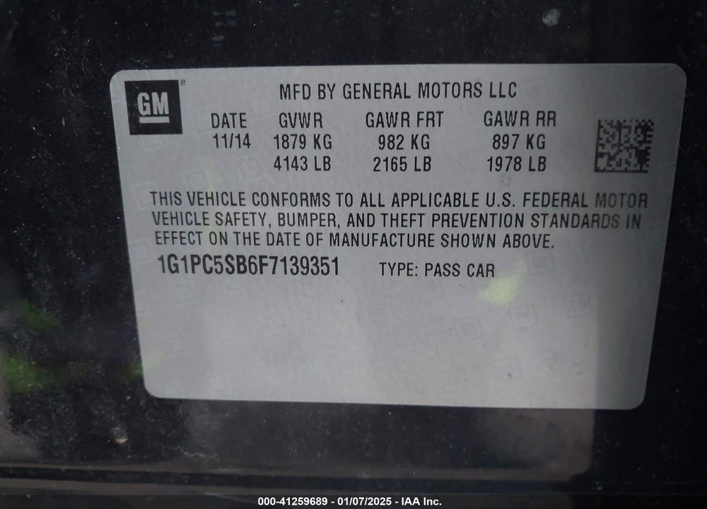 2015 CHEVROLET CRUZE VIN: 1G1PC5SB6F7139351