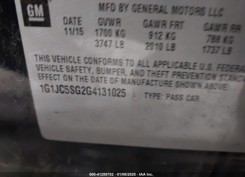 2016 CHEVROLET SONIC LT AUTO VIN: 1G1JC5SG2G4131025