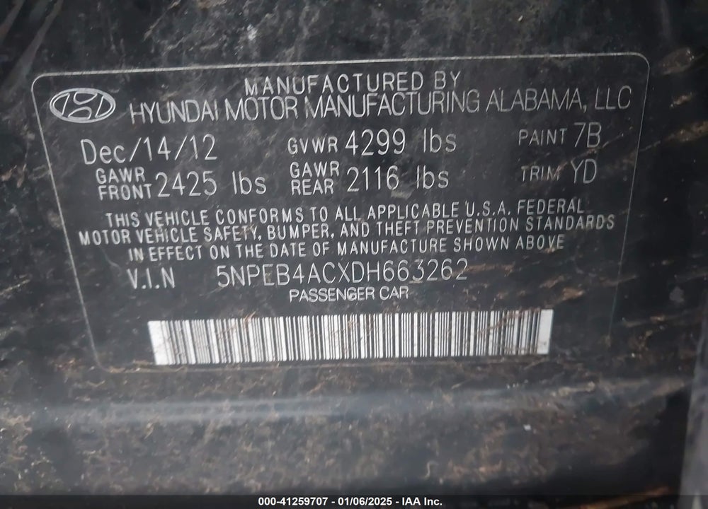 2013 HYUNDAI SONATA GLS VIN: 5NPEB4ACXDH663262