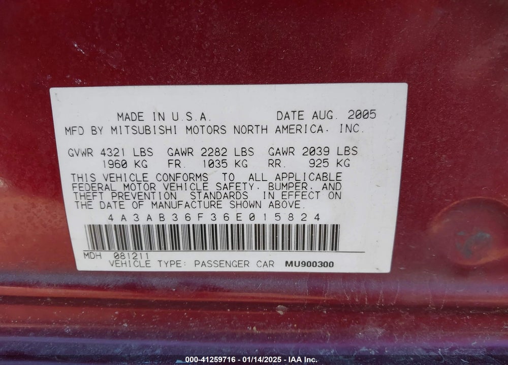 2006 MITSUBISHI GALANT ES/SE VIN: 4A3AB36F36E015824