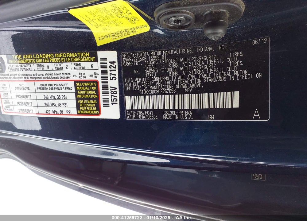 2012 TOYOTA SIENNA LE V6 8 PASSENGER VIN: 5TDKK3DC8CS267056