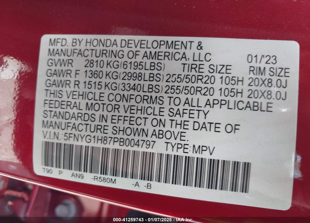 2023 HONDA PILOT AWD ELITE VIN: 5FNYG1H87PB004797