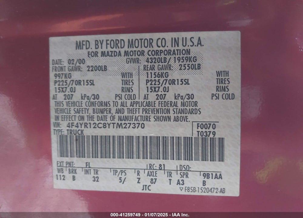 2000 MAZDA B2500 SE/SX VIN: 4F4YR12C8YTM27370