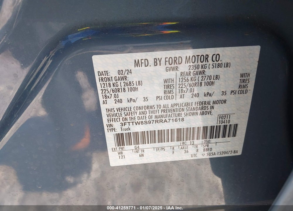 2024 FORD MAVERICK LARIAT VIN: 3FTTW8S97RRA71618